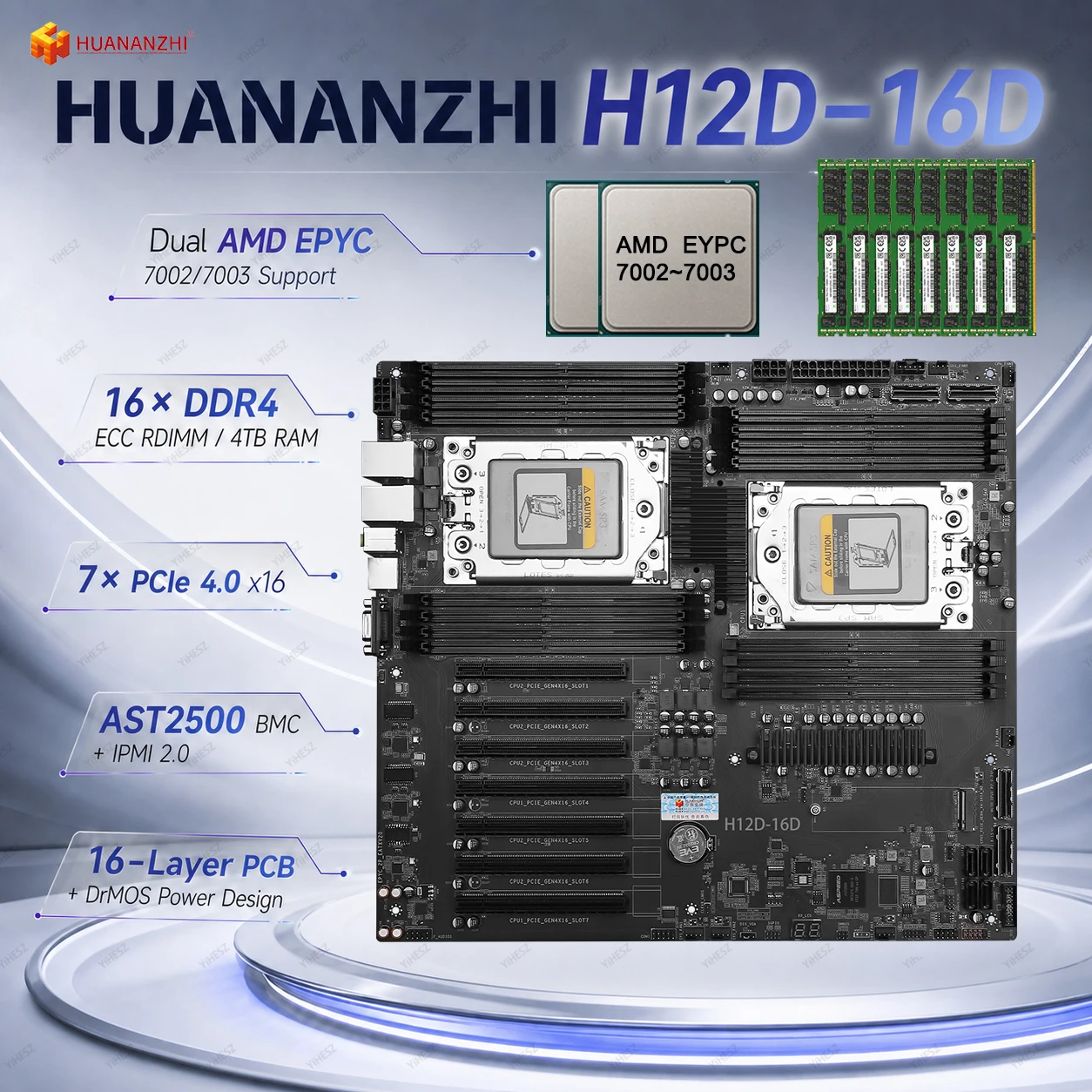 HUANANZHI H12D-16D Server Moederbord Dubbele AMD EPYC 7002 7003 CPU 16xDDR4 RDIMM 4TB IPMI Dubbele 2.5G LAN PCIe 4.0 E-ATX