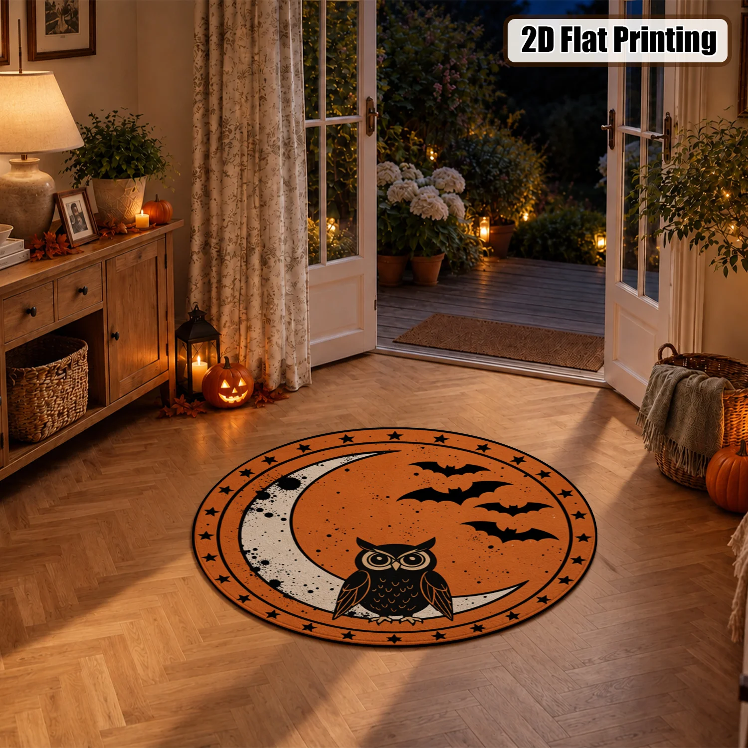 Owl Crescent Moon Bat Star Pattern Round Velvet Area Rug Machine Washable Soft Floor Mat For Living Room Bedroom Entryway Dining Room Halloween Thanksgiving Christmas New Year Holiday Decor