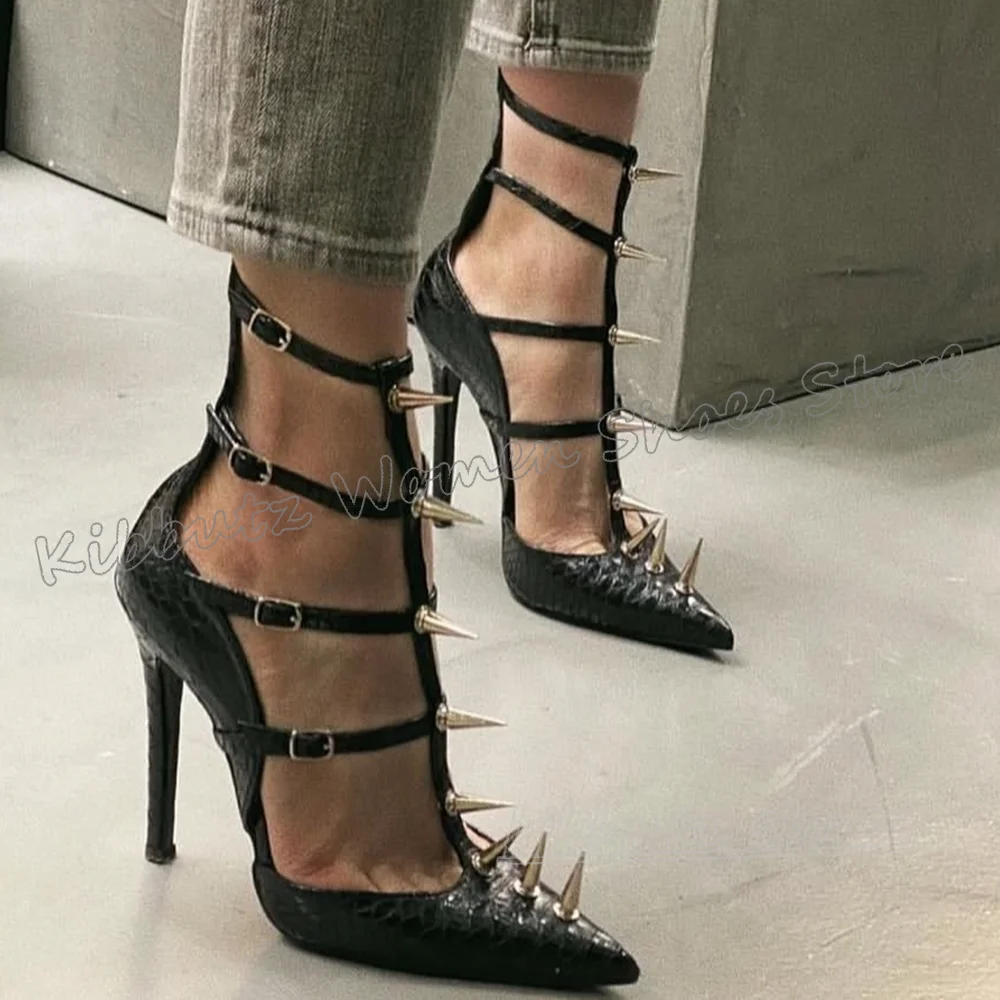 

Rivets Pumps Leather Gothic Punk Rock Fashion Luxury Elegant Concise Sexy Cross Strap Solid Color Party Wedding Women Shoes New
