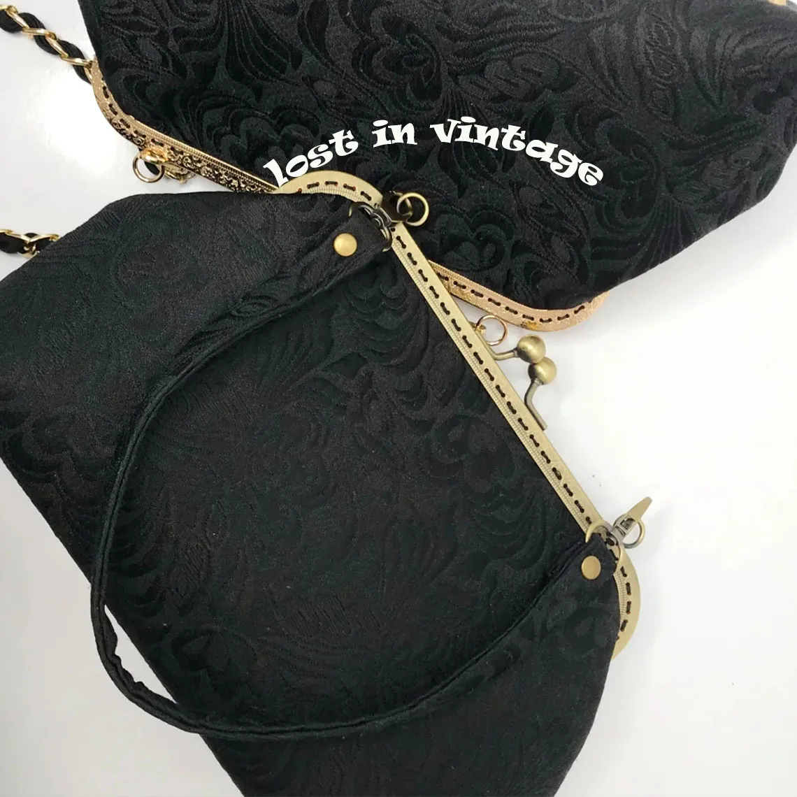 Lost In Vintage Black Jacquard Metal Mouth Bag 28x7x18cm Gold Frame Kiss Lock Bag Evening Clutch with Gold Chains Big Purses