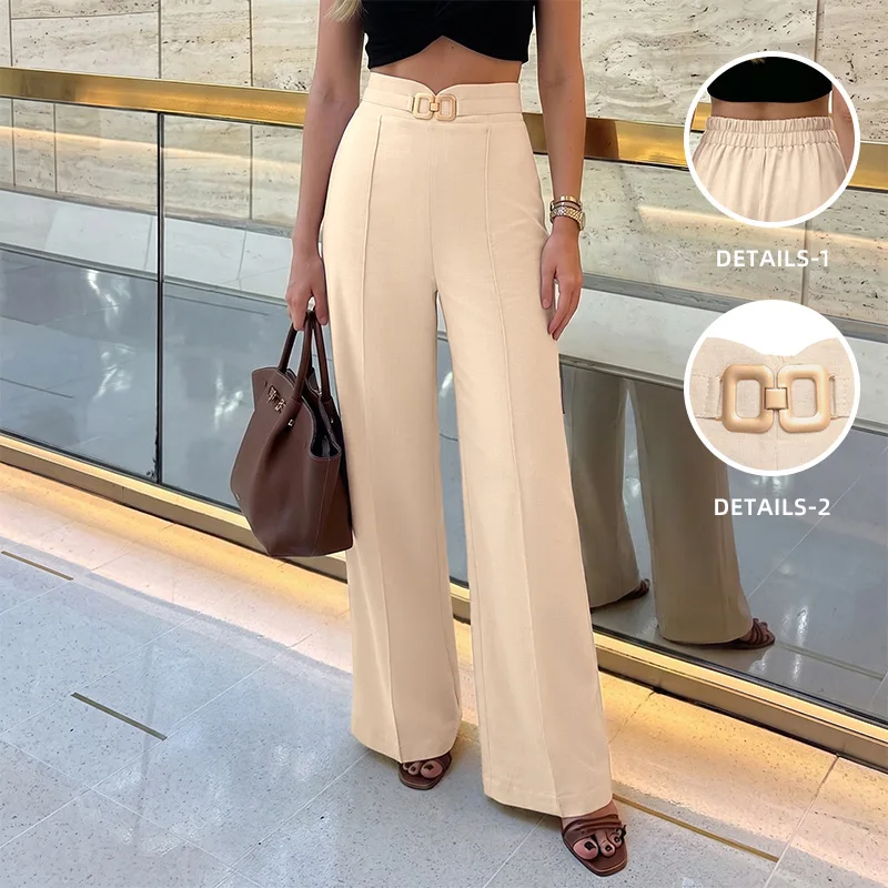 Women's Elegant High Waist Wide Leg Pants Front Seam Belted Metal Buckle Solid Beige Office Lady Trousers