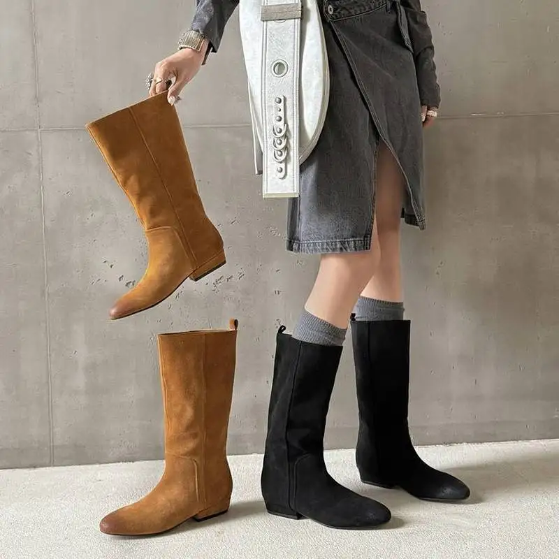 Women Wide Calf Slip On Mid Calf Suede Boots Winter 2026 Round Toe 3cm Block Heel 36cm Top Circumference Genuine Cow SuedeF307