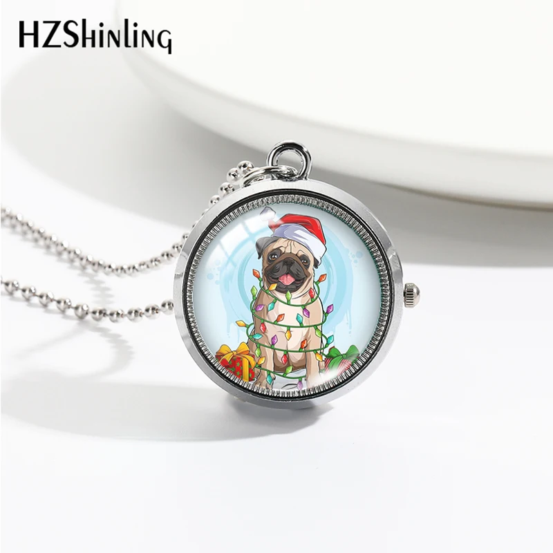 2023 New Cartoon Merry Christmas Dogs Rotate Pocket Watch Round Glass Cabochon Handcraft Necklace Pendants for Women Men