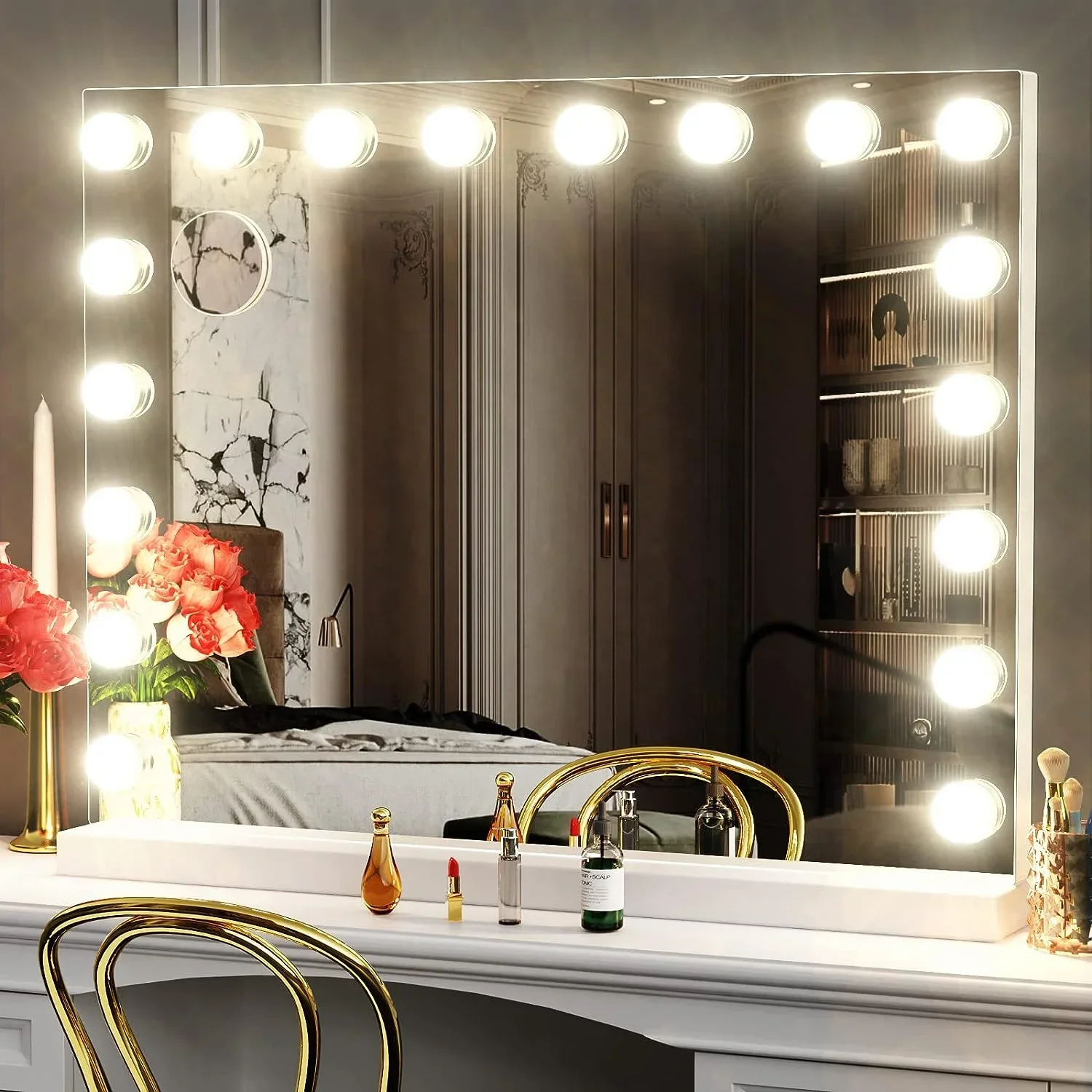 Specchio cosmetico con luci Specchio per trucco illuminato di grandi dimensioni con 17 lampadine a LED Specchio per trucco cosmetico Hollywood