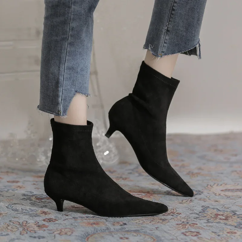 Botines Women Shoe French Slim Heeled Women Boots Autumn Winter Suede Fashion Boot Pointed Toe Plush Ankle Boots Short Boot