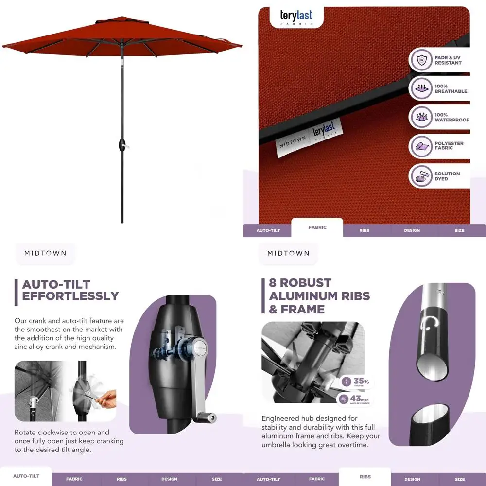 

Зонт для патио 8 футов, устойчивый к выцветанию на 10 лет, с автоматическим наклоном и усиленными спицами, цвет яблочно-красный, черный каркас