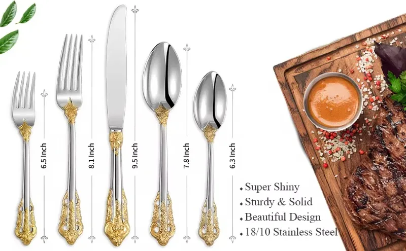 High Quality Vintage 304 Stainless Steel Spoon Fork Flatware Silverware Royal Hotel Wedding Gold Luxury Baroque Cutlery Set