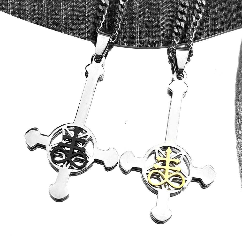 Gothic Punk Inverted Cross Pentagram Pendant Necklace for Women Men Stainless Steel Silver Color Church of Satan Chain Jewelry