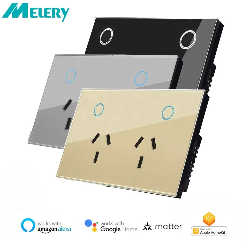

Melery AU Smart Matter Двойная настенная розетка из закаленного стекла Выключатель питания Сенсорная вилка Alexa Voice Homekit Google Home Remotely