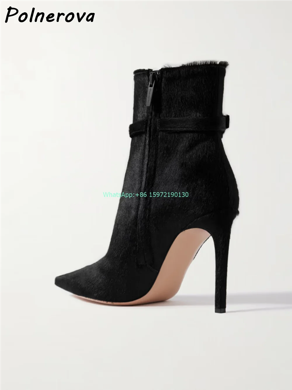 Buckled Calf Hair Ankle Boots Solid Concise Pointy Toe Thin Heels Belt Zipper Shoes Luxury Fashion Women's Stiletto Dress Boots