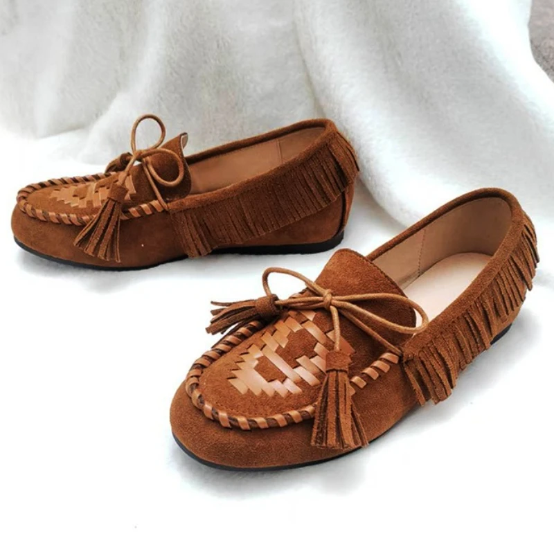 

Retro Tassel Bowknot Design Loafers for Women Faux Suede Round Toe Soft Designer Flats Ladies Comfort Outdoor Light Walking Shoe