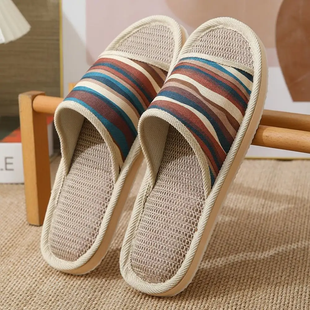 Four Season Couple's Multicolor Linen Slippers Women Indoor Striped Non-Slip Sandals Men Comfort Indoor Floor Breathable Slides image 5