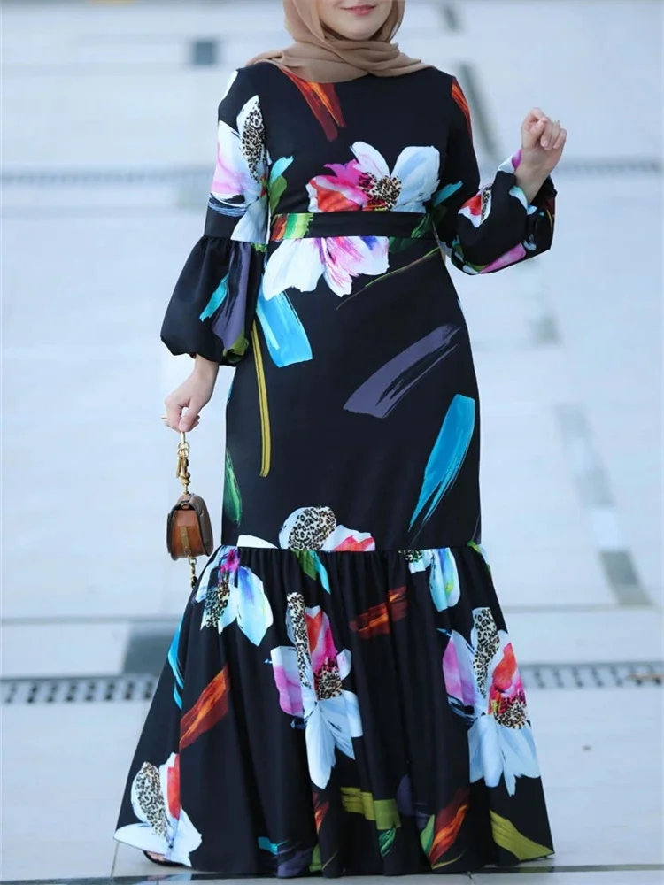 Mermaid Dress for Women Fashion Lantern Long Sleeve Ethnic Print Middle East Malaysia Indonesia Southeast Asia Muslim Clothing