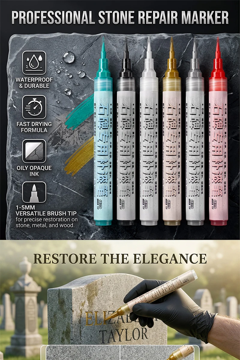 6-Farben Grabstein-Markierstift Professioneller Lackreparaturstift Wasserfest Verblassungsbeständig Farbwiederherstellung Reparatur-Dekorationsstift – Detail 1