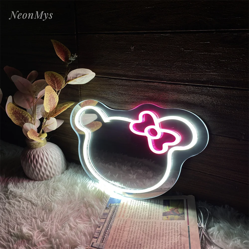 Cute Cat Bow knot Mirror Neon Sign for Bedroom Decor Beauty Shop and Studio Decor Wall Mounted Makeup Mirror and Wall Art Gifts