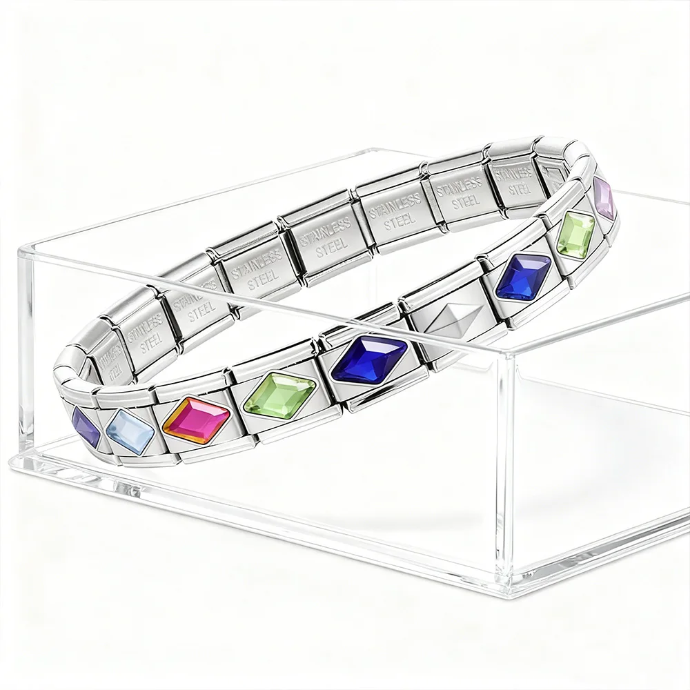 Modisches, farbenfrohes, rautenförmiges italienisches Charm-Element, passend für 9-mm-Edelstahl-Schmuckarmbänder, DIY, für Damen, als Geschenk für den täglichen Gebrauch. – Detail 1