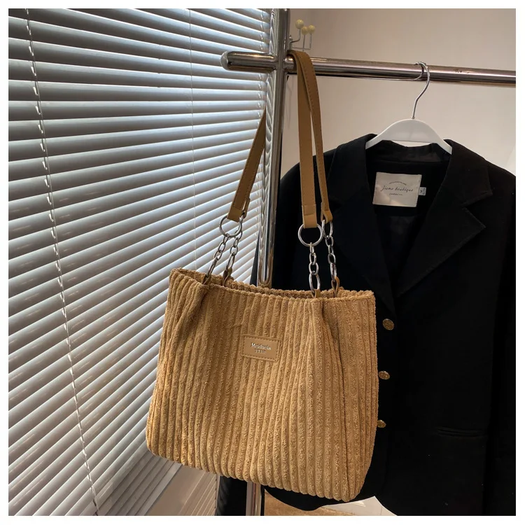 

Women's Corduroy Shoulder Bag, Solid Color Handbag, Fixed Shoulder Strap, Zipper Closure, Large Capacity, Simple and Fashion sac