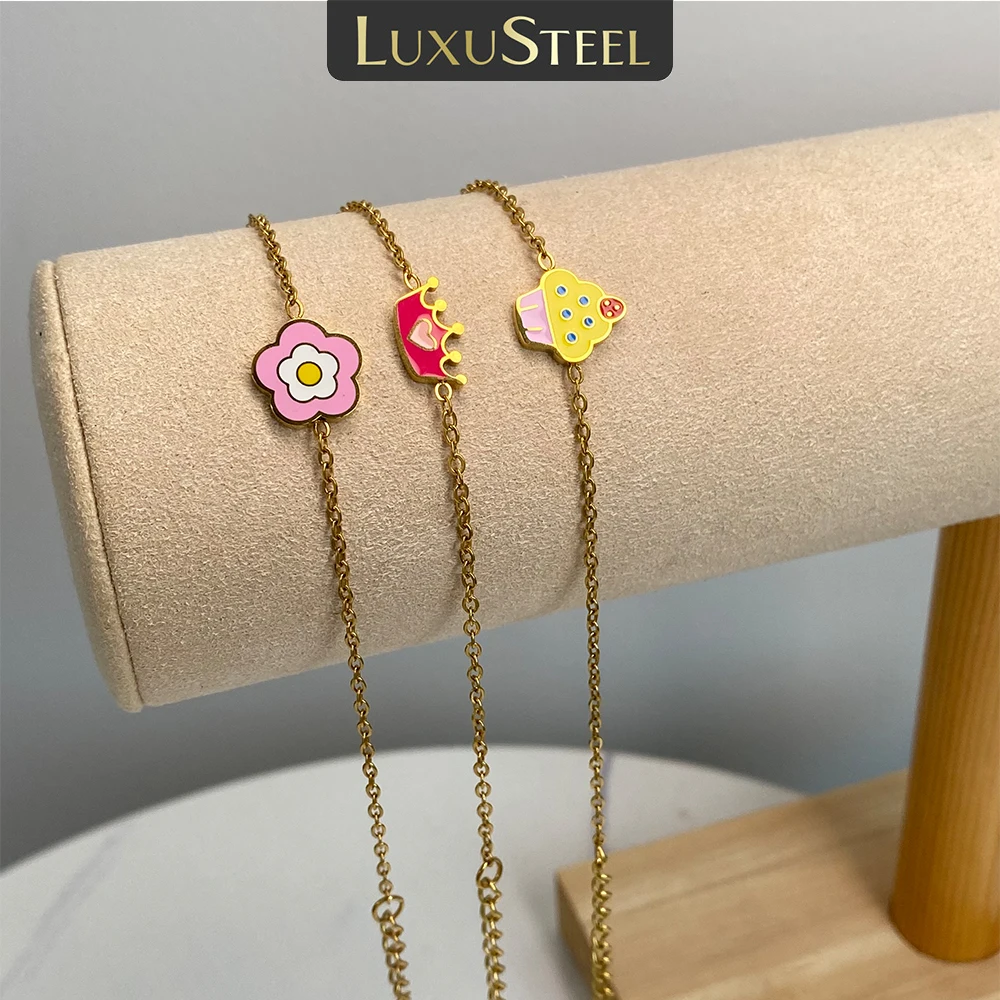 LUXUSTEEL Oil Dripping Chain Bracelets for Women Stainless Steel Cute Flower Ice Cream Crown Bracelet For Female Jewelry Bijoux