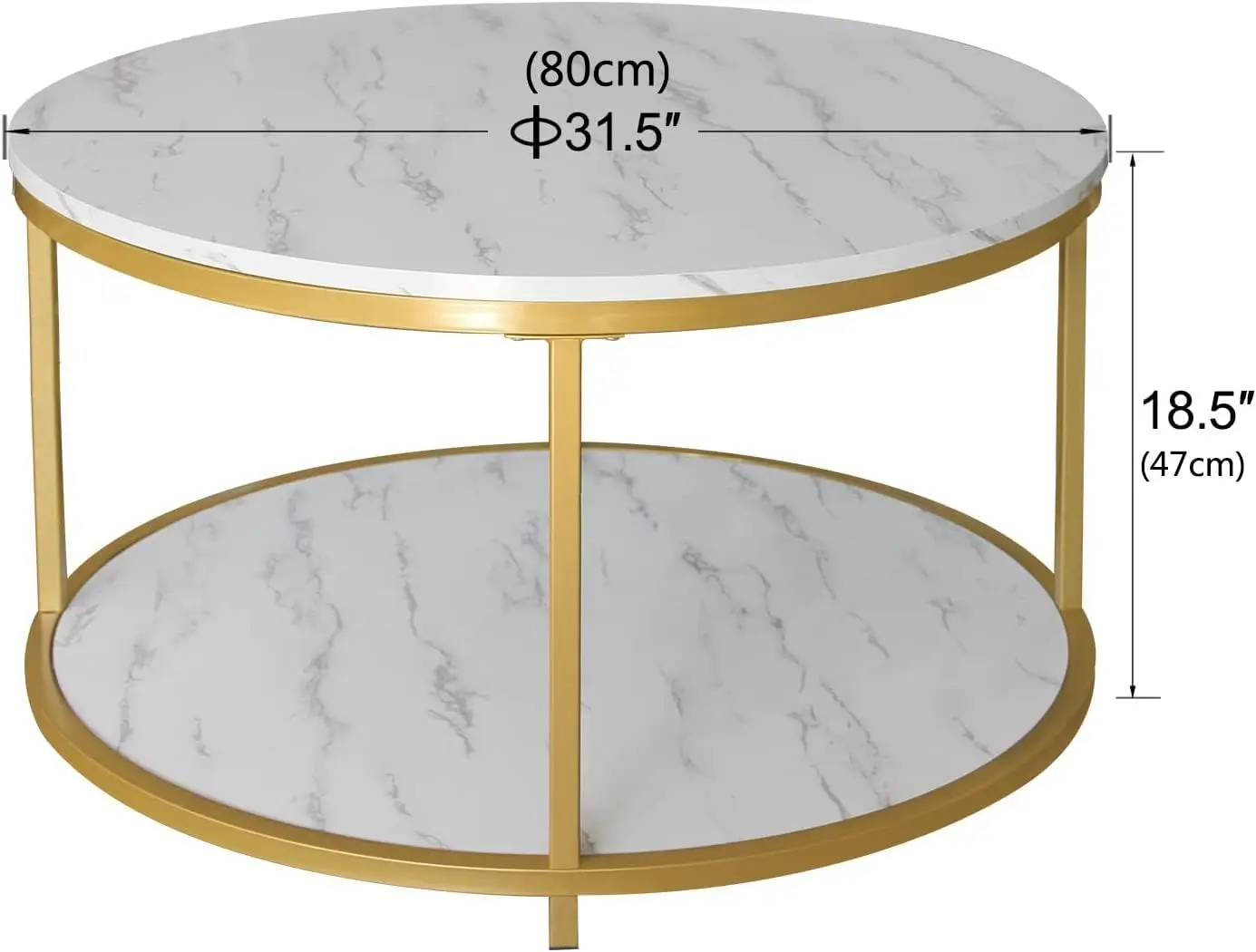 Mesa de centro redonda dorada de 31,5" - Tapa de madera con estante de almacenamiento abierto y estructura de metal resistente, mesa de sofá para sala de estar