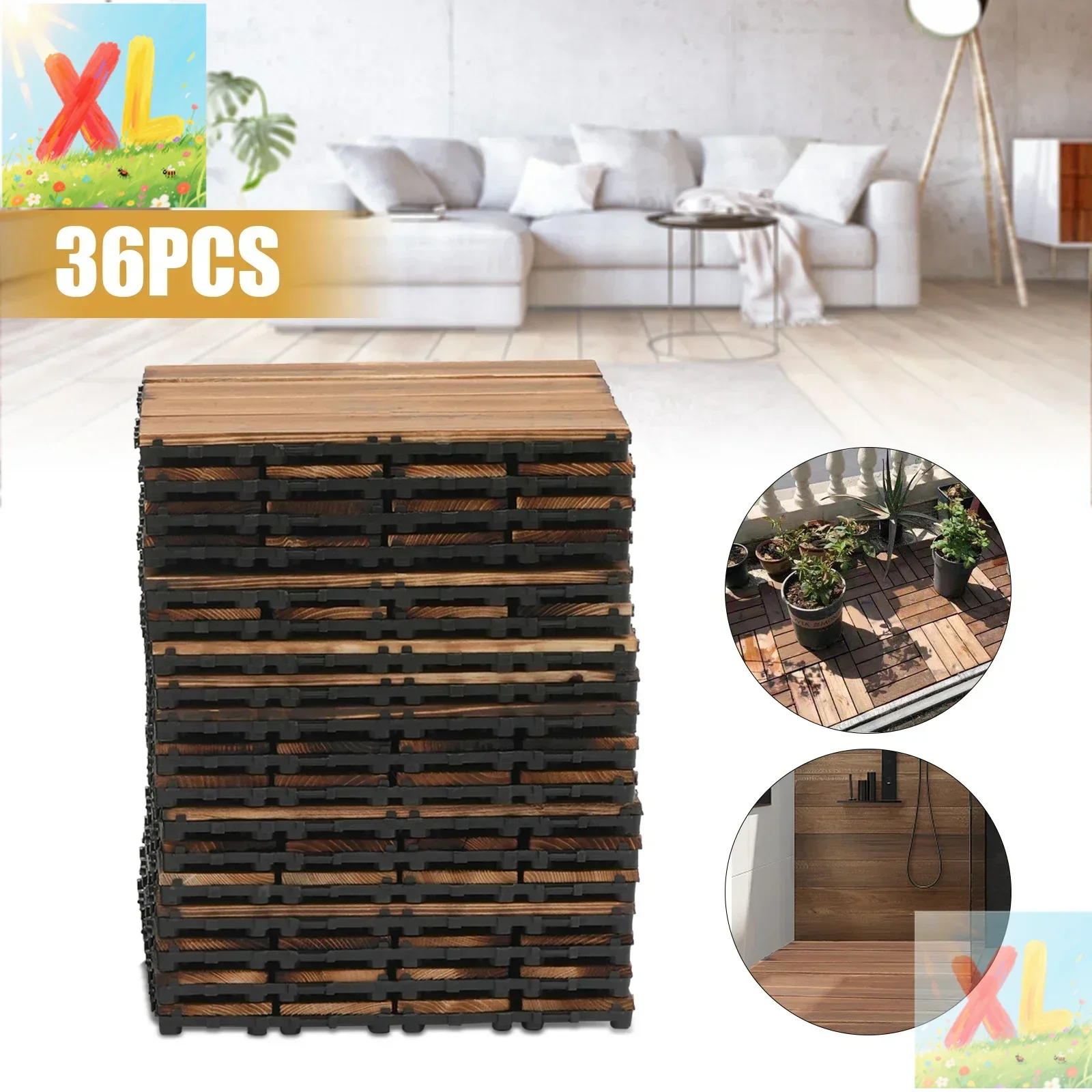 

36 Pack Hardwood Interlocking Patio Deck Tiles, Wood Outdoor Interlocking Flooring Tiles,12" × 12" Interlocking Patio Tiles