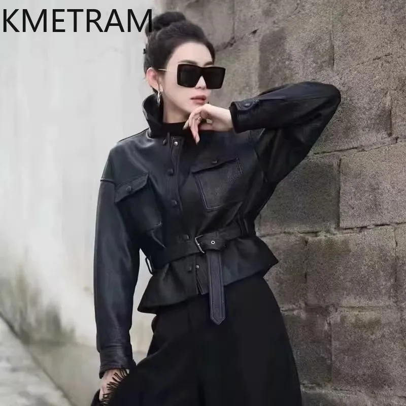 Kurtka damska ze skóry koziej 100%, czarna, motocyklowa, skórzana, nowa kolekcja odzieży wierzchniej na jesień 2025, Chaquetas