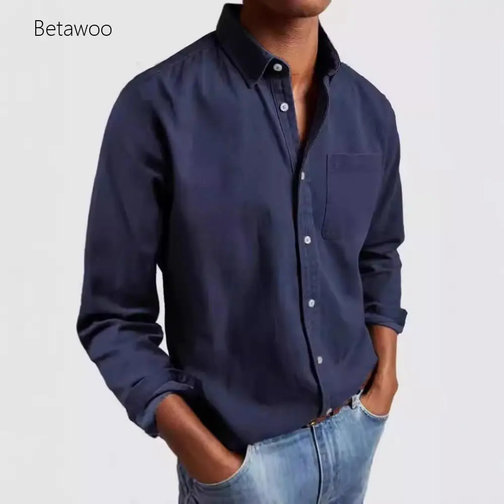 

Navy Blue Men's Long Sleeve Shirt with Chest Pocket Casual Work Office Button Down