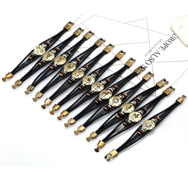 12 Zodiac Charm Signs Constellation Bracelet Men Women Fashion Multilayer Weave Leather Bracelet & Bangle Birthday Gifts