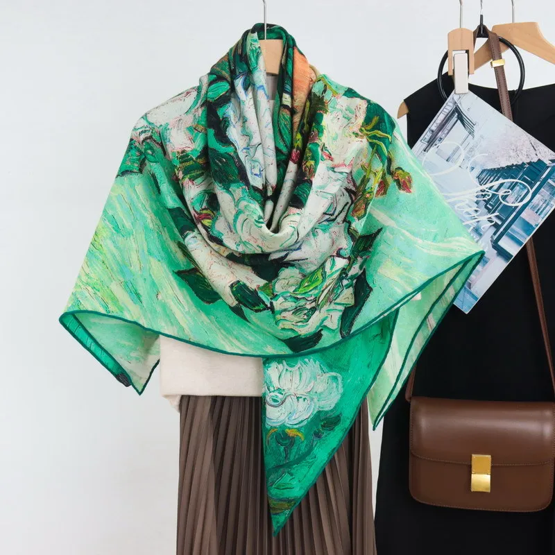

High-end Elegant Women Fine Oil Painting Rose Double Sided Print Quality Silk Wool Hand-rolled Edge Large Square Scarf Shawl
