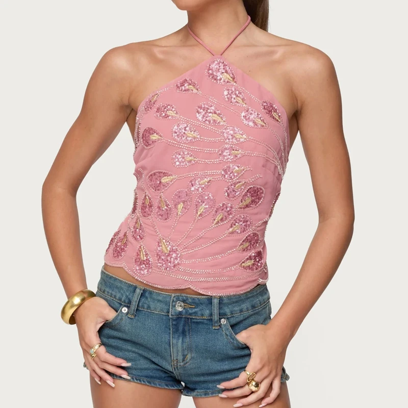 

Women Tied Bandage Backless Y2k SlimVest Lace-up Halter Neck Beading Sequin Glitter Embroidery Camis Sleeveless Shirt