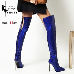 Patent Leather Over the Knee High Boots Women Sexy Party Dance Autumn Winter Shoes Ladies LEOPARD Blue Gold Heels Long Boots