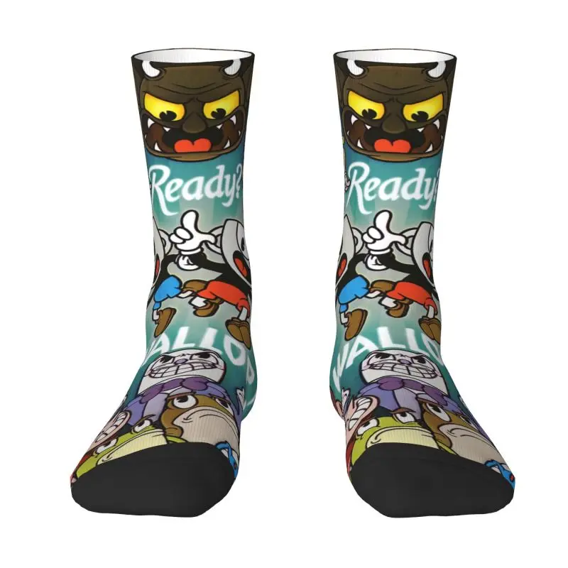 

Fun Mens Hot Game Cartoon Cuphead Mugman Dress Socks Unisex Comfortable Warm 3D Printed Crew Socks