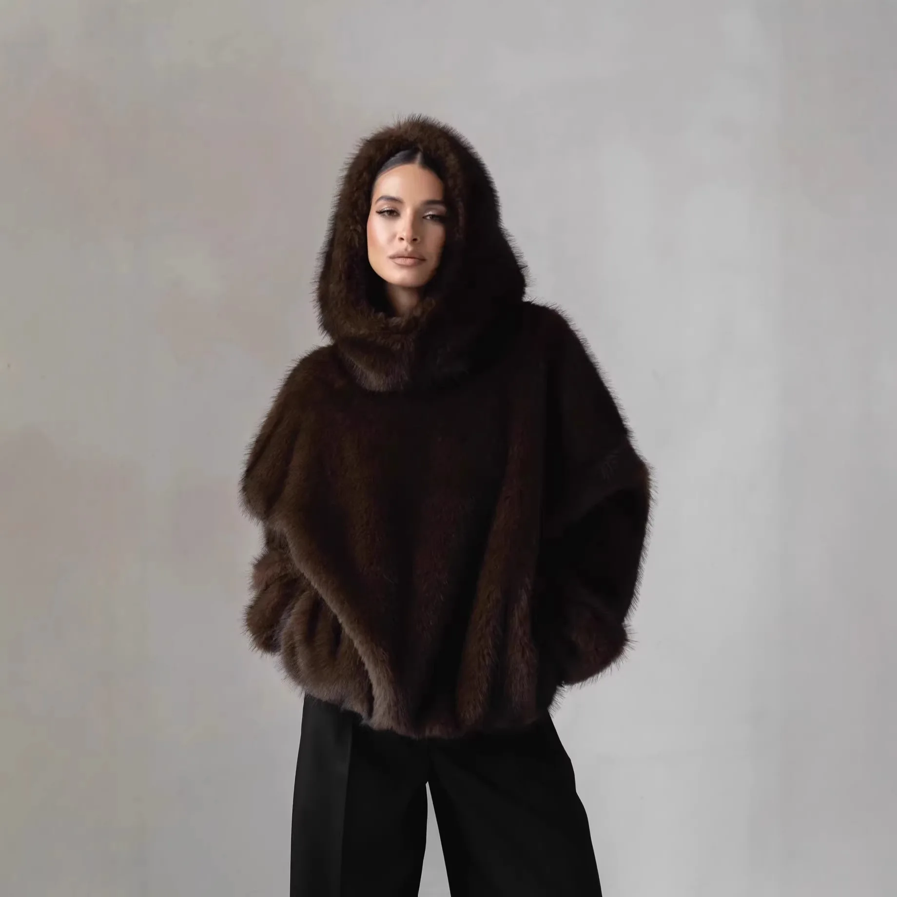 2026 inverno casaco de pele sintética com capuz feminino solto marrom peludo casaco casual lã quente outerwear