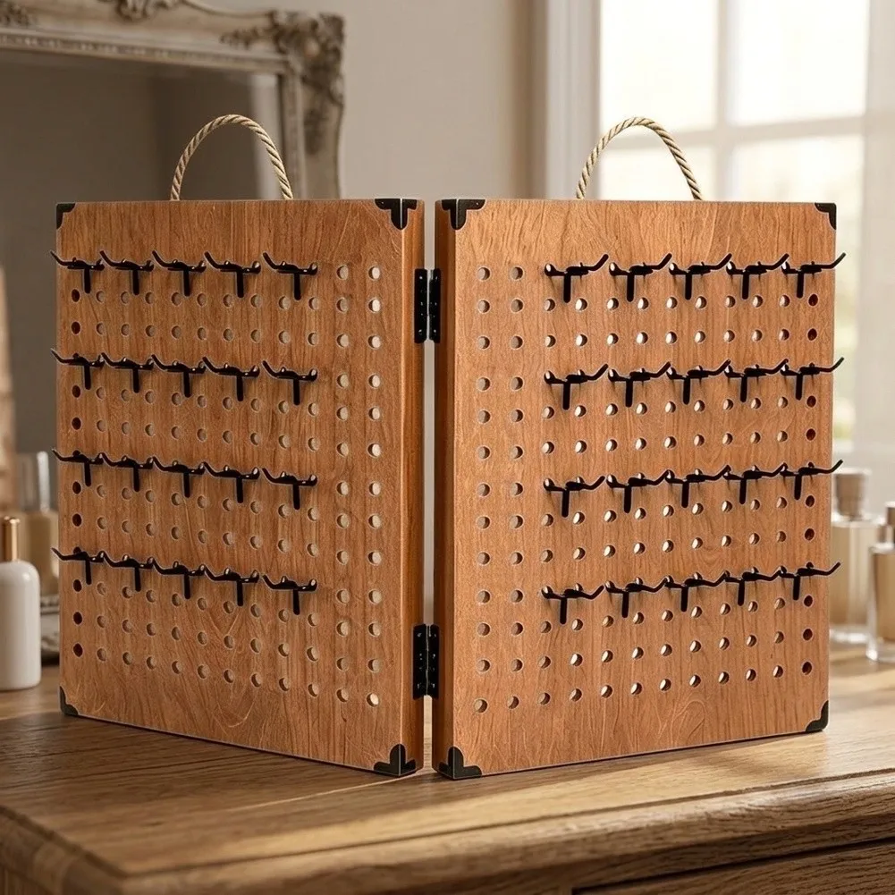 Foldable Wooden Jewelry Display Board with 40 Removable Hooks for Necklaces Earrings Bracelets Brown 31.8x40cm