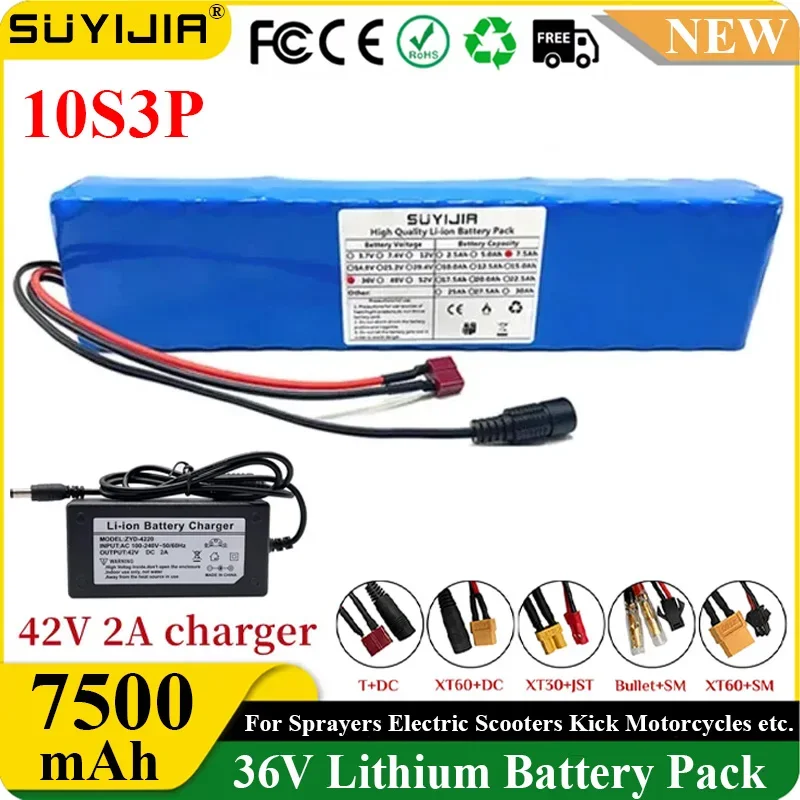 New 10S3P 36V 7500mAh Battery Pack 18650 Rechargeable Lithium Battery for Electric Tools Electric Scooter with Built-in BMS