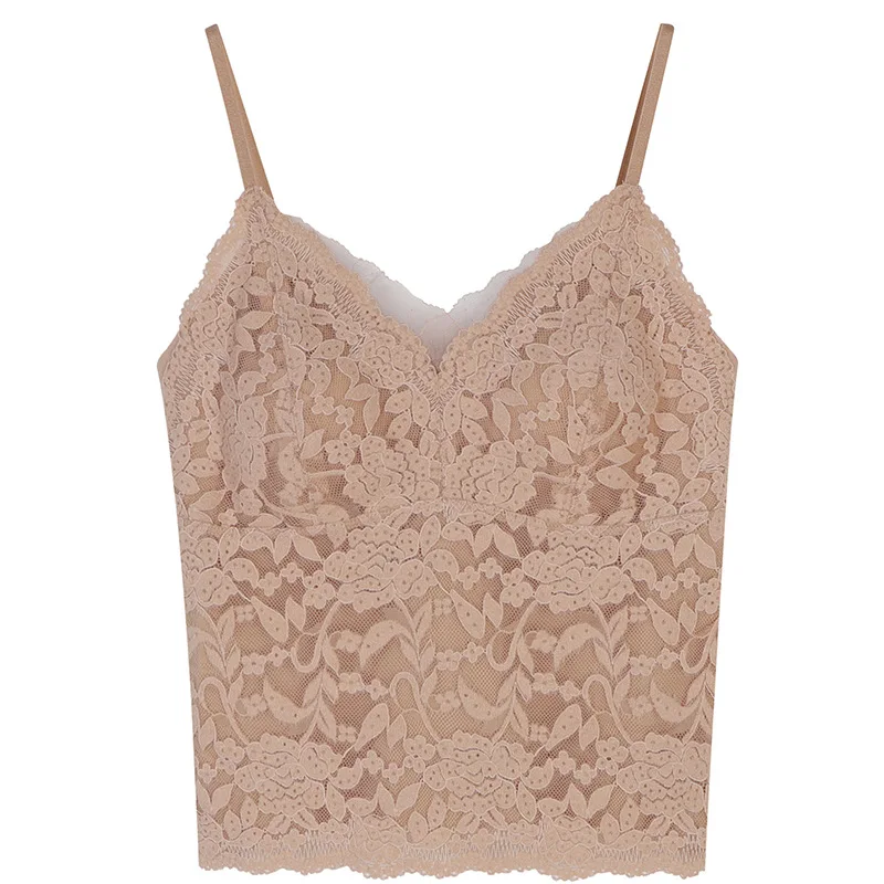 KUCLUT Lace Strap with Built-in Chest Pad Layering Autumn Winter Soft And Elegant Floral Pattern Nylon Fabric Women's Top