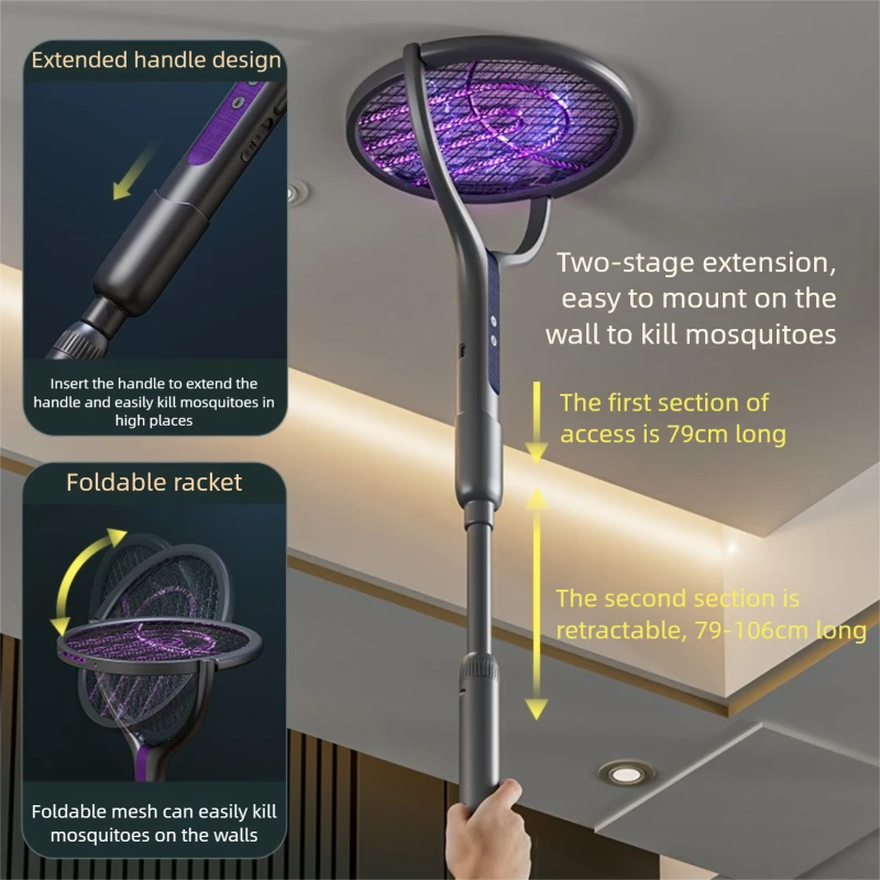 Mata-moscas elétrico com cabeça rotativa inteligente, 2800v, com alça de extensão, recarregável, usb, 5 camadas, proteção anti-mosquito