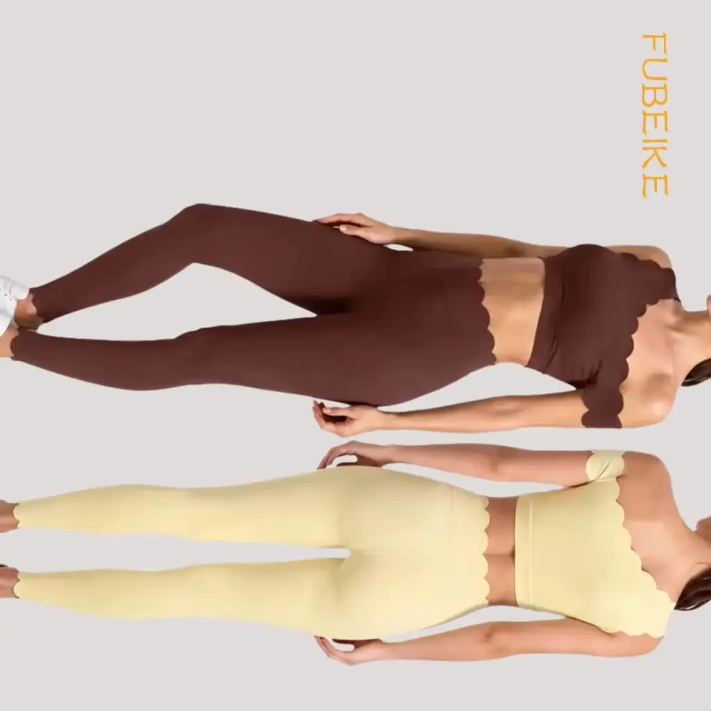 Women Scalloped One Shoulder 2 Piece Workout Set Padded Crop Top&High Waist Leggings High Elastic Activewear Training Suit