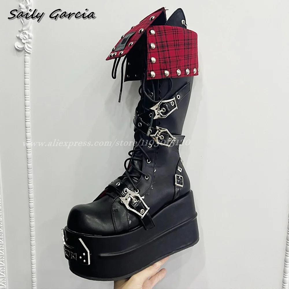 Gothic Punk Style Metal Decorate Thick Sole Motorcycle Boots Autumn New Y2k Knee High Boots Round Toe Platform Side Zipper Boots