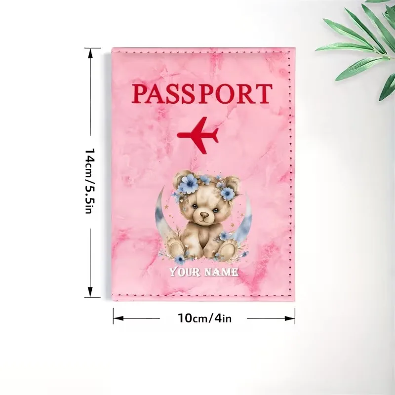 Personalized Name Blue Flower Moon Bear Illustration Passport Holder, Illustration Features Gentle Beige Bear with Blue Flowers