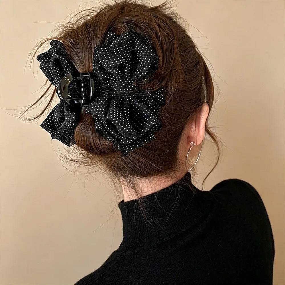 2pcs New Style Polka Dot Hair Claw Clip Set Non-Slip Fabric Shark Clip Coffee Black Beige Bow Banana Hair Clip Women