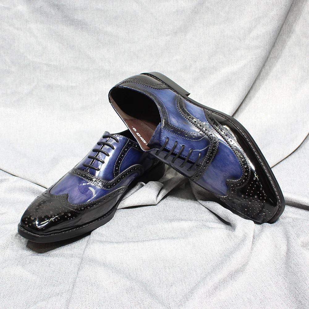 Cow Patent Leather Men's Oxfords Brogue Wingtip Formal Shoes Classic Handmade Lace Up Office Wedding Party Dress Shoes for Men