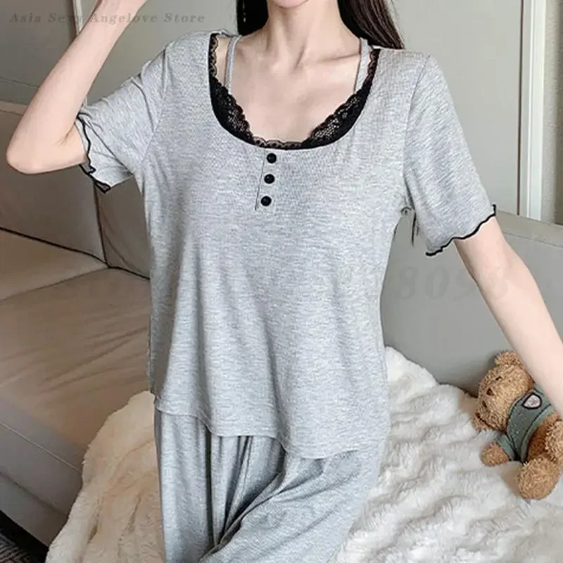 

Grey Lace Trim Pajamas Set Spring Summer Sleepwear Trouser Pijamas Suit Loose Casual Modal Home Wear Female Short Sleeve Pants