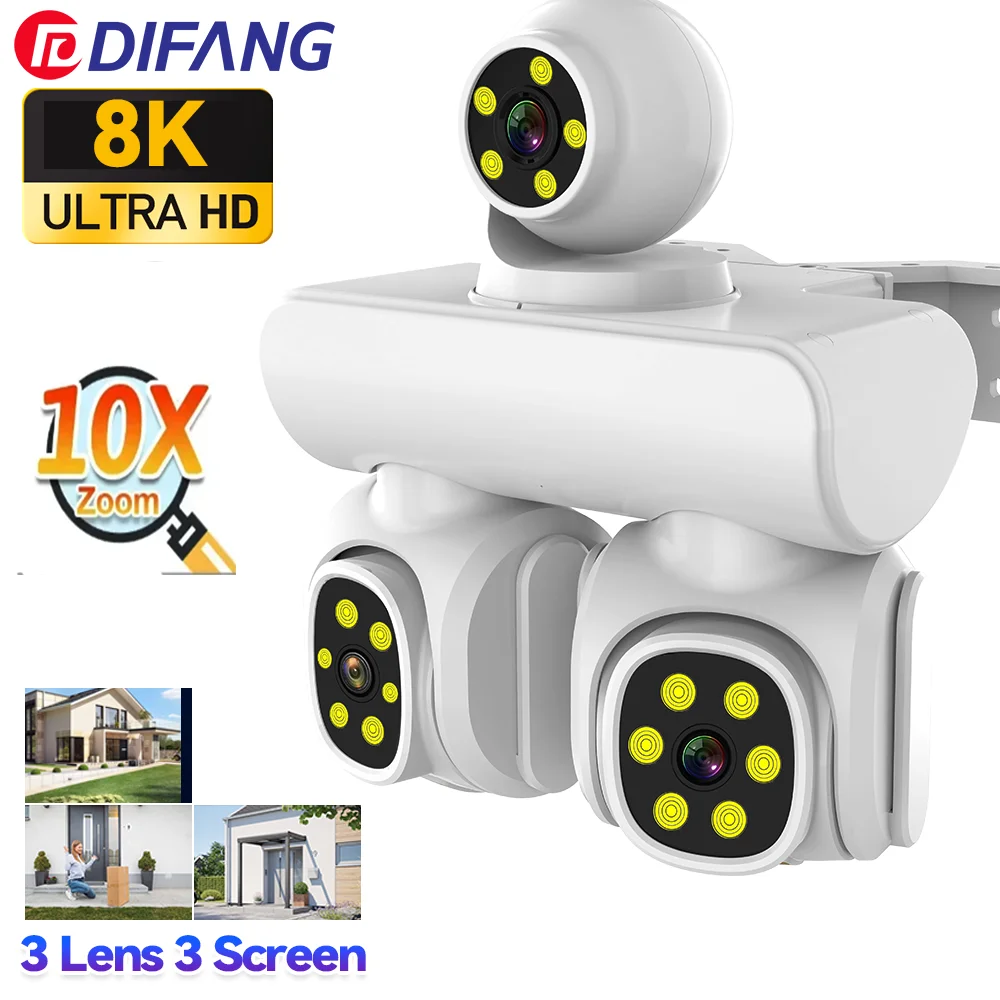 

8K Home Wifi Camera 10X Zoom Three Lens Three Screen 720° PTZ CCTV Auto Tracking CCTV External IP Camera Outdoor Surveillance
