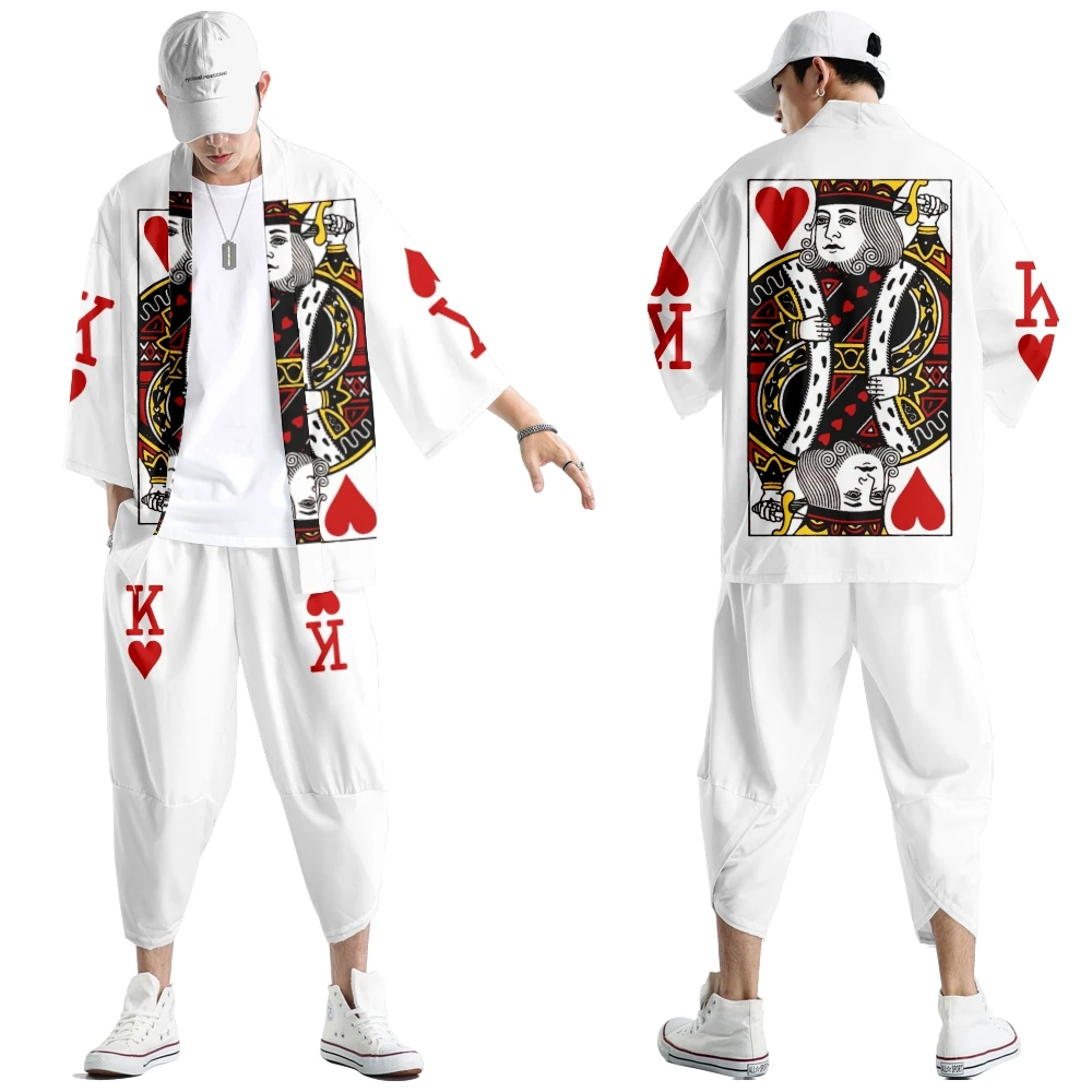 Japanese Kimono Cardigan Pants Set Print Playing Cards Poker K Q Men Women Shirt Tradition Yukata Haori Obi Cosplay Costume