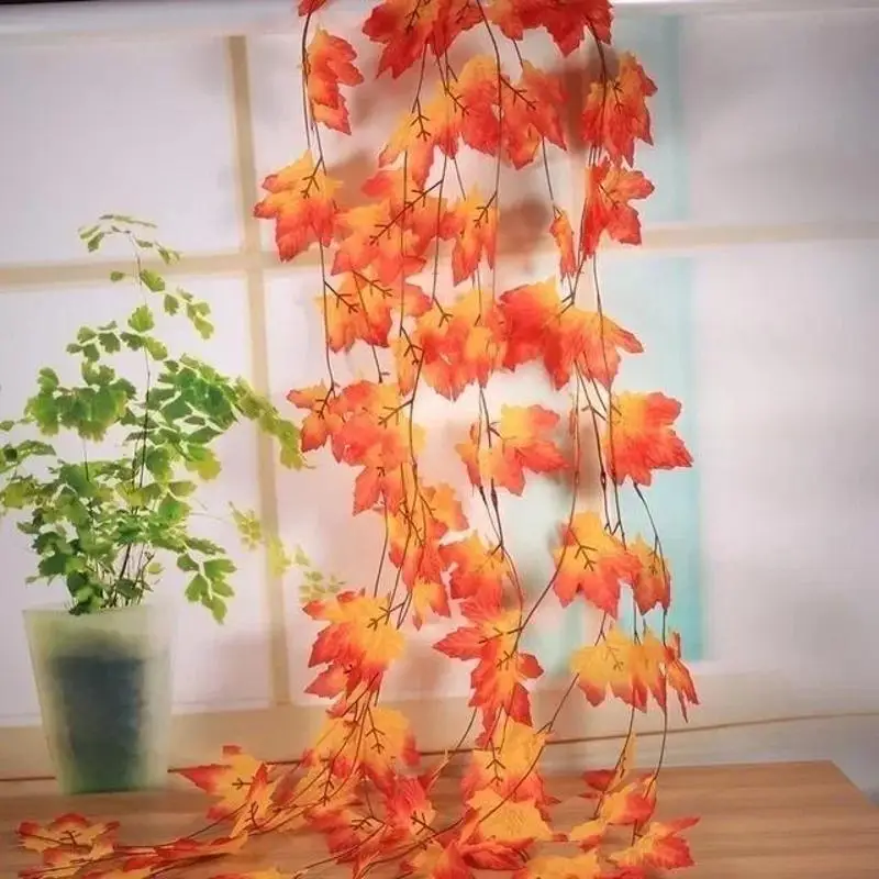 2.3M Simulated Red Maple Leaf Vine Halloween Decoration Autumn Maple Leaf Wreath Christmas And Thanksgiving Maple Leaf Ornament
