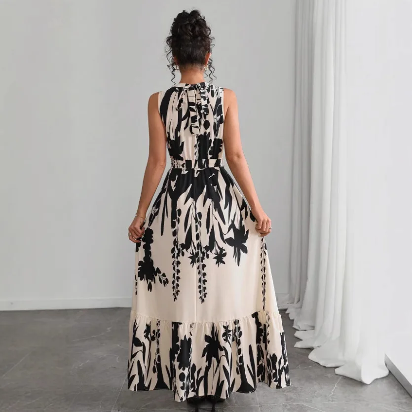 ثلاثة الأخوات الصيف موضة جديدة حفلة عيد ميلاد ملابس امرأة أنيقة بلا أكمام الخامس الرقبة طباعة عالية الخصر فستان بالجملة 2025 #2