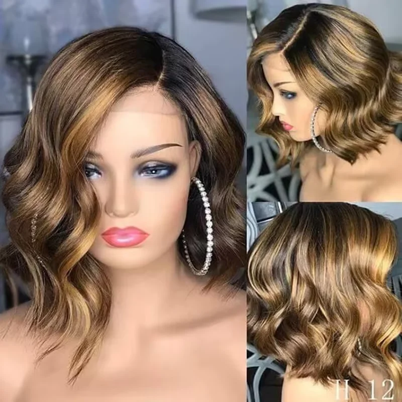 4/27 onda del cuerpo resaltar peluca Bob corto Color peluca con cierre de encaje suelto brasileño 100% cabello humano onda de agua peluca Frontal de encaje Bob