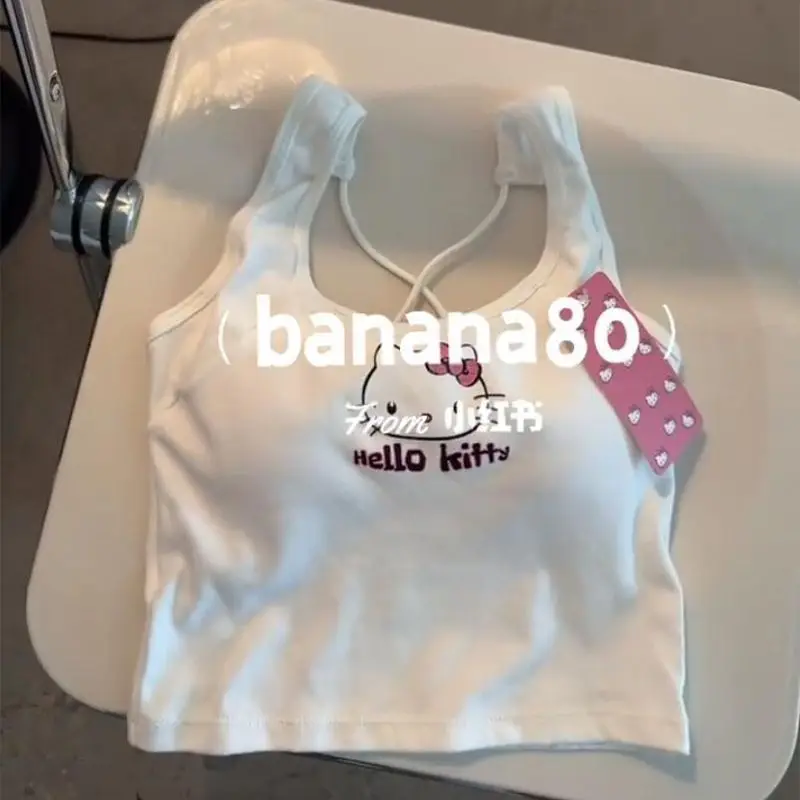 Sanrio Hello Kitty Śliczne Kawaii Dziewczęce Letnie Modne Biustonosze z Wkładkami Bez Rękawów Gorące Dziewczyny Poduszka na Biust Plisowany Design Podkoszulek Wyszczuplający