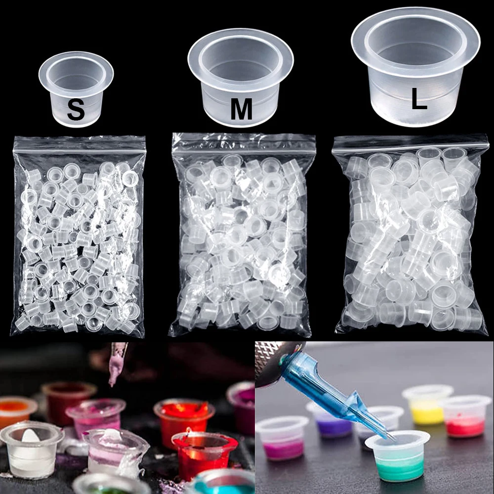 

100 шт. S/M/L одноразовые чашки с чернилами для татуировки, пластиковые пигментные прозрачные держатели, крышки-контейнеры, перманентный макияж, поставка для микроблейдинга