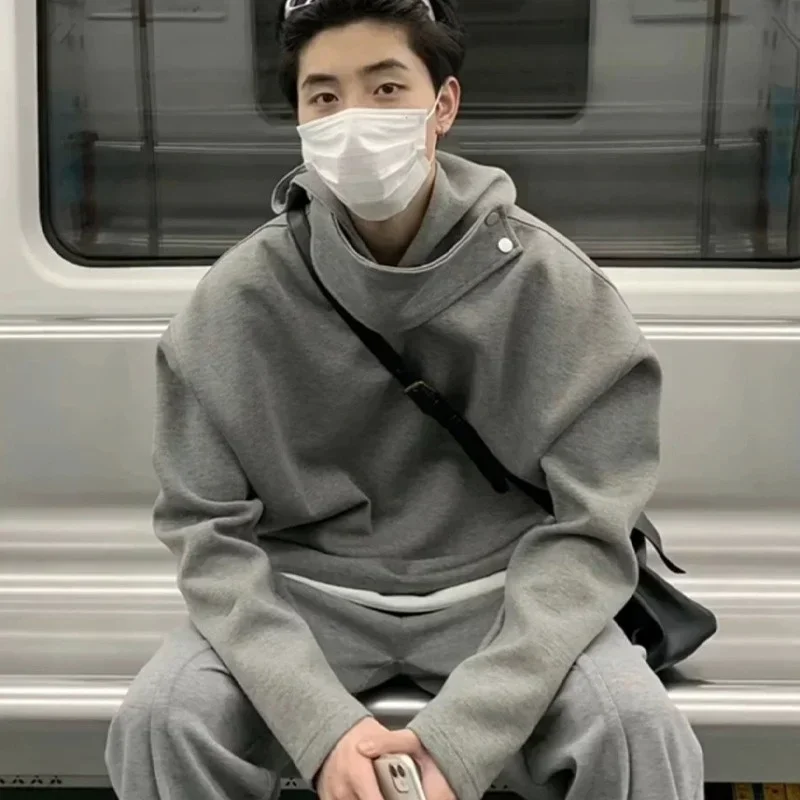 

2025 New in Y2K Vintage Turtleneck Hooded Sweatshirts For Men Solid Color Pullover Hoodies Hip Hop Fashion Streetwear Tracksuit